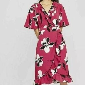 WHO WHAT WEAR Punk Black White Floral Ruffle Hem Wrap Dress‎ Size XL